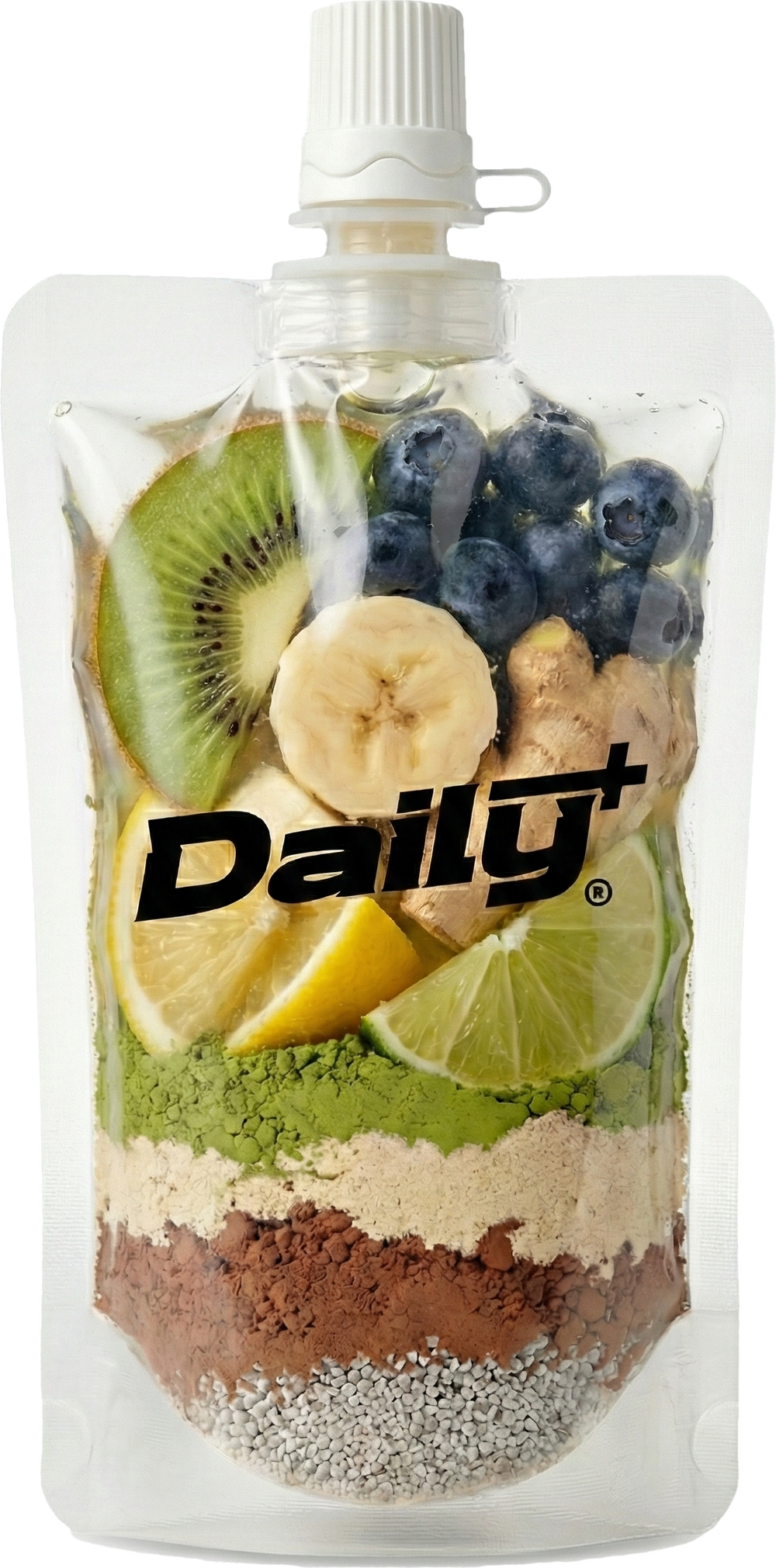 Illustration av råvaror från Daily+ sortimentet i en genomskinlig pouch