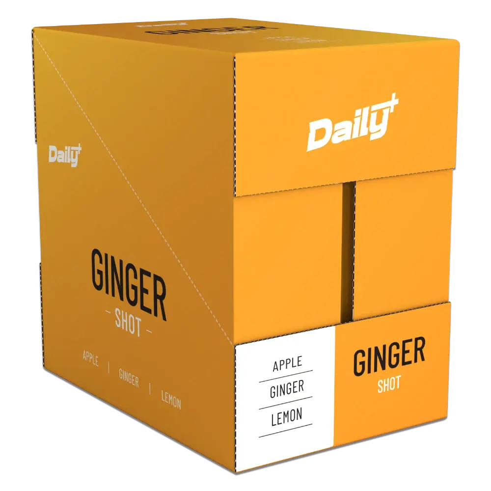 Box of Daily+ Ginger Shot packaging with orange and white design. Box is Closed