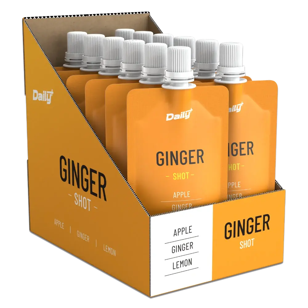 Box of Daily+ Ginger Shot packaging with orange and white design.