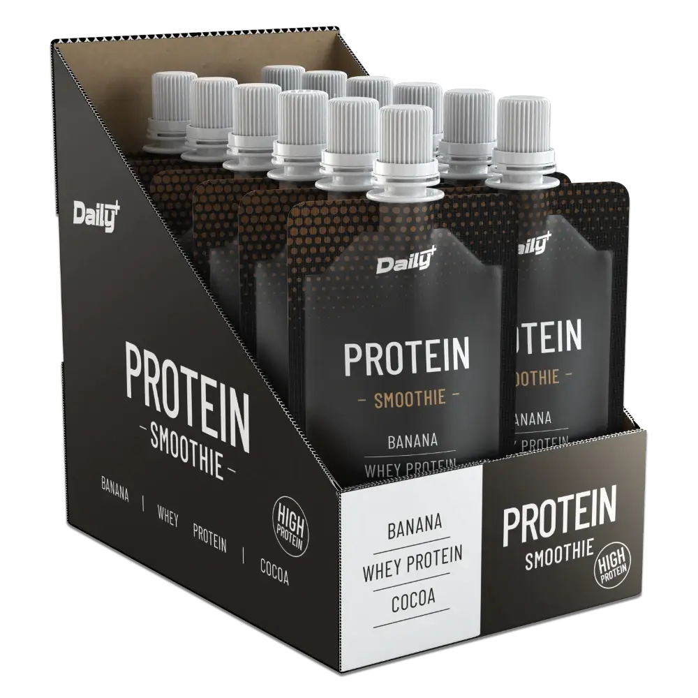 Display box of 12 pcs. Daily+ Protein Smoothie packaging with 'Protein Smoothie' text on a white background