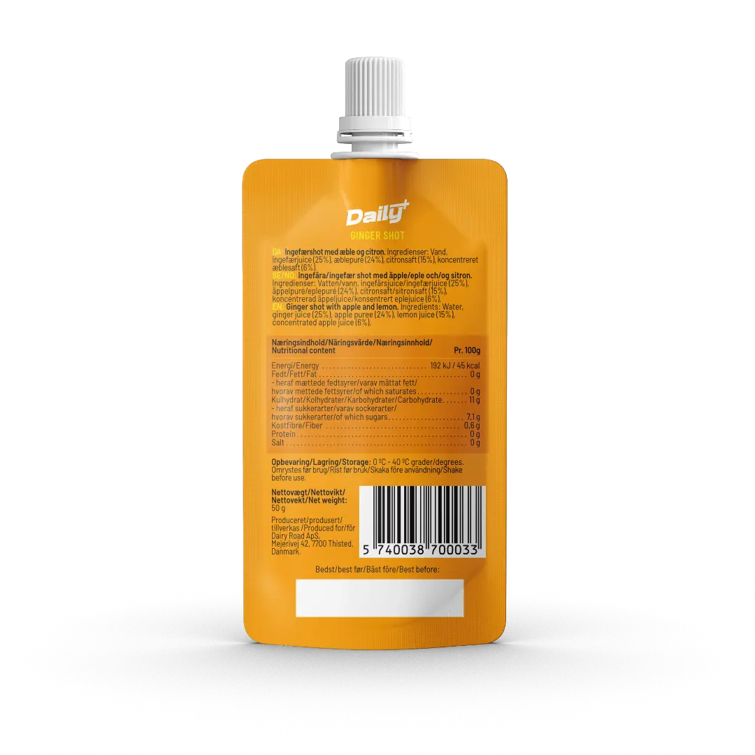 Yellow Dally brand packaging with text and a barcode on a white background. a ginger shot.