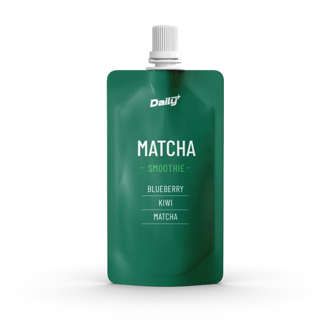 Green pouch of Daily Matcha Smoothie with blueberry, kiwi, and matcha flavors on a white background.