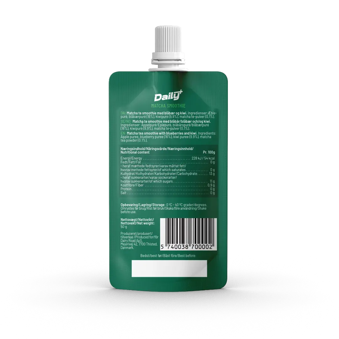 Green Daily+ match smoothie pouch with white cap on a white background