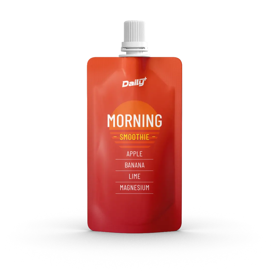 Red smoothie pouch with 'Dally' branding on a white background