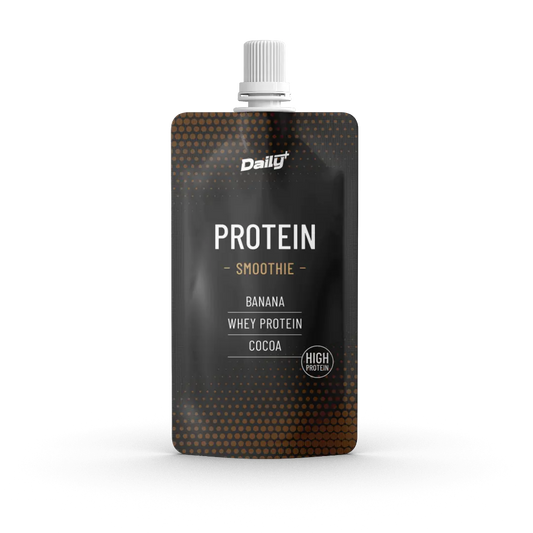 Protein smoothie pouch with 'Daily+' branding on a white background