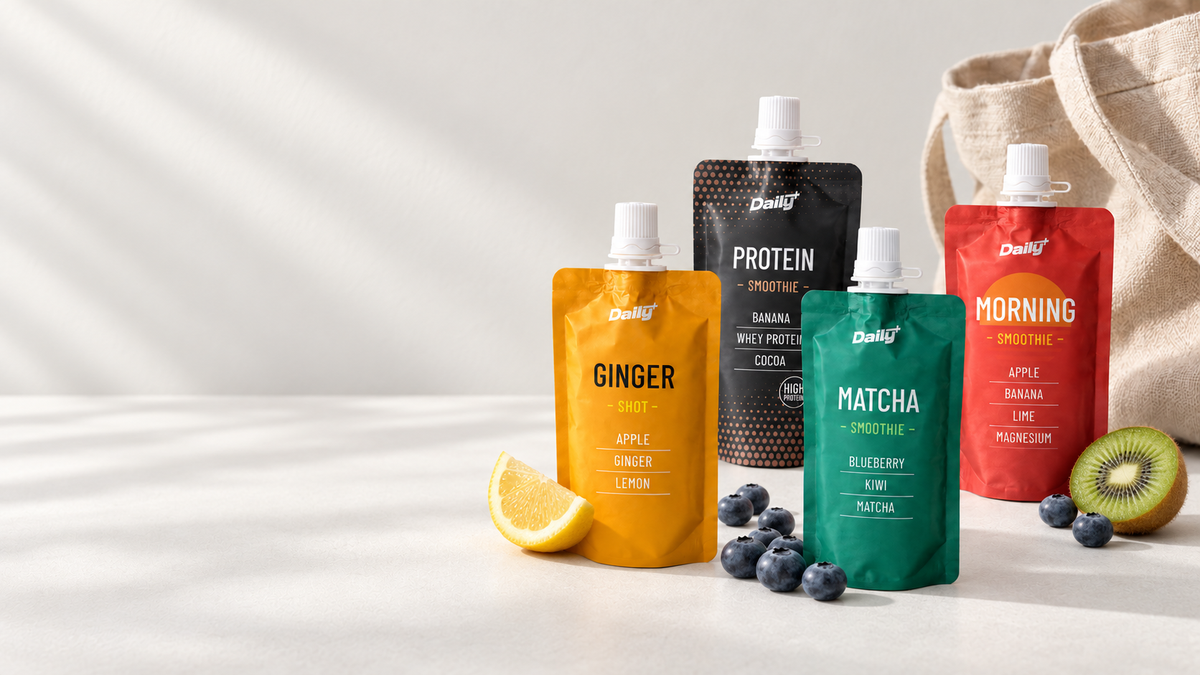 Daily+ smoothies och shots vid en väska, redo att följa med.